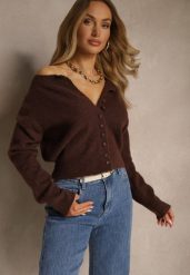 Brązowy Rozpinany Kardigan z Wełną Kornelira. Brązowe swetry Renee, bez wzorów, z jeansu, eleganckie, bez ramiączek. W wyprzedaży za 127.99 zł.