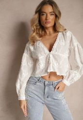 Biała Koszula Oversize z Bawełny Ozdobiona Haftowanymi Kwiatami Valiera. Białe koszule Renee, l, bez wzorów, z bawełny, eleganckie, bez kołnierzyka, bez ramiączek. W wyprzedaży za 97.99 zł.
