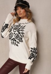 Jasnobeżowy Sweter z Wiskozą o Długim Kroju z Ozdobnym Haftem Adelithra. Brązowe swetry Renee, bez wzorów, z jeansu, casualowe, bez ramiączek. W wyprzedaży za 127.99 zł.