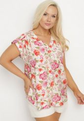 Różowa Bluzka w Kwiaty z Dekoltem V z Wiskozą Odalisa. Czerwone bluzki Born2be, l, bez wzorów, z jeansu, eleganckie, bez kołnierzyka, plus size, bez ramiączek. Za 89.99 zł.