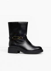 Kozaki z klamrą. Czarne kozaki bonprix, bez wzorów, bez obcasa, bez zapięcia. Za 169.99 zł.