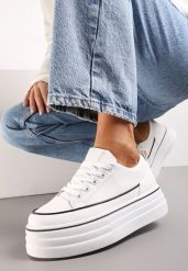 Białe Trampki na Grubej Platformie Santtes. Białe trampki Renee, bez wzorów, z jeansu, bez zapięcia. W wyprzedaży za 67.99 zł.