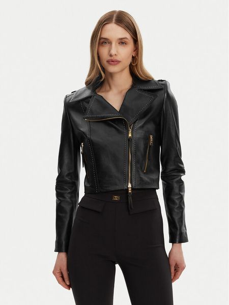 Elisabetta Franchi Kurtka skórzana GD-47Z-51E2-V1200 Czarny Regular Fit. Czarne kurtki Elisabetta Franchi, bez wzorów, ze skóry, bez kaptura. Za 2,399.99 zł.