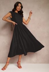 Czarna Rozkloszowana Sukienka z Wiązaniem i Dekoltem w Kształcie Łódki Alanira. Czarne sukienki Renee, na co dzień, m, bez wzorów, eleganckie, bez kołnierzyka, bez ramiączek, midi, kopertowe. W wyprzedaży za 111.99 zł.