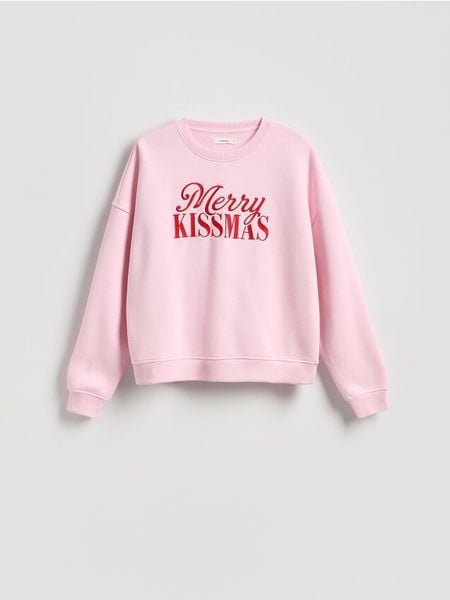 Bluza z haftowanym napisem - różowy. Czerwone bluzy Reserved, l, bez wzorów, z bawełny, bez ramiączek, bez kaptura. Za 99.99 zł.