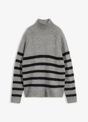 Luźny sweter z golfem. Niebieskie swetry bonprix, bez wzorów, bez ramiączek. Za 109.99 zł.