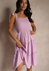 Fioletowa Sukienka z Wiskozą o Rozkloszowanym Kroju na Ramiączkach z Wiązaniem Aranive. Fioletowe sukienki Renee, na co dzień, m, bez wzorów, z wiskozy, eleganckie, bez kołnierzyka, bez ramiączek, midi, proste. W wyprzedaży za 55.99 zł.