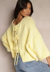 Żółty Kardigan z Wełną o Kroju Oversize z Wiązanymi Kokardami Elearina. Żółte swetry Renee, bez wzorów, z jeansu, eleganckie, bez ramiączek. W wyprzedaży za 127.99 zł.