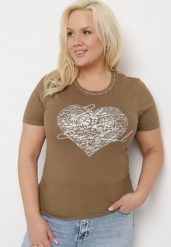Ciemnozielony T-shirt Bawełniany z Krótkim Rękawem i Metalicznym Nadrukiem oraz Cyrkoniami Sanesti. Zielone t-shirty Born2be, l, z aplikacjami, z bawełny, biznesowe, bez kołnierzyka, bez ramiączek. Za 49.99 zł.