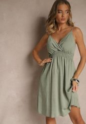 Ciemnozielona Kopertowa Sukienka z Wiskozy Lilisena. Zielone sukienki Renee, l, bez wzorów, z wiskozy, eleganckie, bez kołnierzyka, bez ramiączek, mini, kopertowe. W wyprzedaży za 67.99 zł.