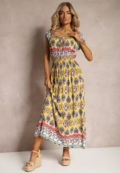 Żółta Sukienka na Lato z Bawełny z Modelującą Gumką w Talii Deorna. Żółte sukienki Renee, m, bez wzorów, z bawełny, bez kołnierzyka, bez ramiączek, maxi. W wyprzedaży za 31.49 zł.