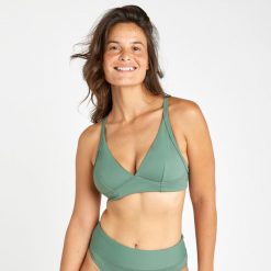 Góra kostiumu kąpielowego surfingowego damska Olaian Bea. Zielone bikini OLAIAN, bez wzorów, z materiału, sportowe. Za 99.99 zł.