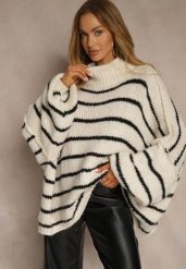 Beżowy Oversizowy Golf w Paski z Dodatkiem Wełny i Wiskozy Nezella. Brązowe swetry Renee, bez wzorów, z jeansu, eleganckie, bez ramiączek. Za 159.99 zł.