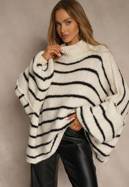 Beżowy Oversizowy Golf w Paski z Dodatkiem Wełny i Wiskozy Nezella. Brązowe swetry Renee, bez wzorów, z jeansu, eleganckie, bez ramiączek. Za 159.99 zł.