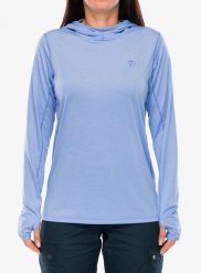 Bluza damska z kapturem Fjallraven Abisko Sun-hoodie. Niebieskie bluzy Fjällräven, na lato, s, bez wzorów, z materiału, bez ramiączek, z kapturem. Za 390.49 zł.