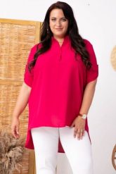Tunika elegancka GOSIA ze stójką dłuższy tył amarantowa. Czerwone tuniki KARKO, plus size, bez wzorów, z elastanu, eleganckie, z asymetrycznym kołnierzem, bez ramiączek. Za 169.50 zł.