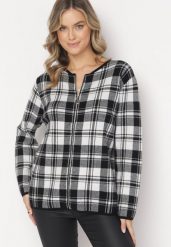Czarno-Biały Zasuwany Kardigan w Kratę Mimara. Czarne swetry Born2be, l, bez wzorów, z bawełny, eleganckie, bez ramiączek. W wyprzedaży za 118.99 zł.
