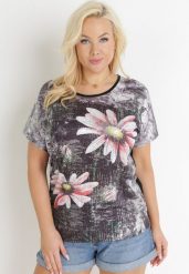Czarna Bluzka Oversize z Metalicznym Nadrukiem w Kwiaty z Cyrkoniami Deqsa. Czarne bluzki Born2be, m, bez wzorów, bez kołnierzyka, bez ramiączek. Za 49.99 zł.
