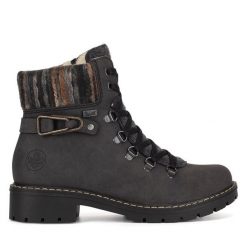 Botki Rieker. Szare botki Rieker, bez wzorów, bez obcasa, na płaskiej podeszwie, bez zapięcia. Za 279.99 zł.