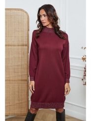 So Cachemire Sukienka dzianinowa "Linoa" w kolorze bordowym rozmiar: XL. Czerwone sukienki So Cachemire, na co dzień, xl, bez wzorów, z dzianiny, bez kołnierzyka, bez ramiączek, midi, proste. Za 174.84 zł.