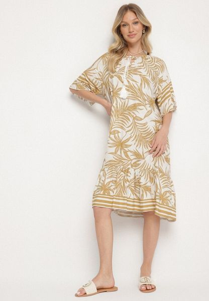 Beżowa Sukienka o Pudełkowym Kroju z Wiązaniem przy Dekolcie w Roślinny Wzór Mirionela. Brązowe sukienki Born2be, na imprezę, l, bez wzorów, bez kołnierzyka, bez ramiączek, midi. Za 69.99 zł.