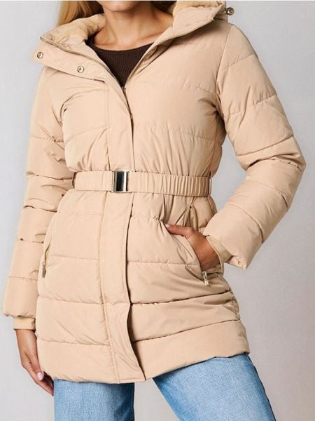 Długa kurtka puffer z kapturem - brązowy. Brązowe kurtki Sinsay, l, bez wzorów, z kapturem. Za 119.99 zł.