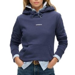 Jednokolorowa bluza z kapturem damska Superdry. Niebieskie bluzy Superdry, l, bez wzorów, z bawełny, klasyczne, bez ramiączek, z kapturem. Za 317.90 zł.