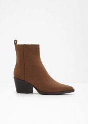 Botki kowbojki z obcasem typu słupek. Brązowe botki bonprix, bez wzorów, bez obcasa, na słupku, bez zapięcia. Za 169.99 zł.