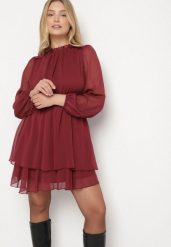 Bordowa Rozkloszowana Sukienka Siateczkowa z Bufiastymi Rękawami Isovana. Czerwone sukienki Born2be, na co dzień, l, bez wzorów, eleganckie, bez kołnierzyka, bez ramiączek, mini, rozkloszowane. Za 129.99 zł.