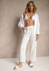 Białe Spodnie High Waist ze Sznurkiem Savurelle. Białe jeansy Renee, z aplikacjami, z jeansu, sportowe, z podwyższonym stanem. W wyprzedaży za 39.99 zł.
