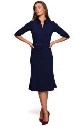 Sukienka z Kołnierzykiem i Suwakiem z Przodu - Granatowa. Czarne sukienki MOE, l, bez wzorów, z elastanu, wizytowe, bez kołnierzyka, bez ramiączek. Za 298.90 zł.