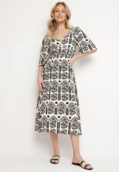 Czarno-Kremowa Sukienka Wiskozowa Rozkloszowana z Odkrytymi Plecami w Print Boho Turaisa. Czarne sukienki Born2be, na co dzień, l, bez wzorów, z wiskozy, boho, bez kołnierzyka, bez ramiączek, midi, proste. Za 89.99 zł.