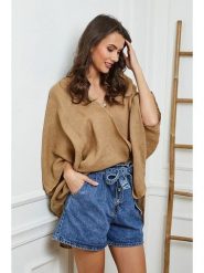 Fleur de Lin Lniana bluzka w kolorze jasnobrązowym rozmiar: XL. Brązowe bluzki Fleur de Lin, xl, bez wzorów, ze lnu, z asymetrycznym kołnierzem, bez ramiączek. Za 165.99 zł.