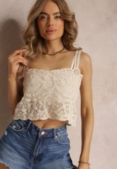 Beżowy Koronkowy Tank Top z Bawełny Hassia. Brązowe topy Renee, bez wzorów, z bawełny, bez kołnierzyka, bez ramiączek. W wyprzedaży za 47.99 zł.