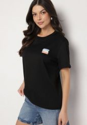 Czarny T-shirt z Małym Nadrukiem Tenalera. Czarne t-shirty Born2be, l, bez wzorów, eleganckie, bez kołnierzyka, bez ramiączek. Za 49.99 zł.