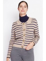 ASSUILI Kardigan w kolorze jasnobrązowo-granatowym rozmiar: 38. Brązowe swetry Assuili, bez wzorów, klasyczne, bez ramiączek. Za 130.99 zł.