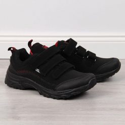 Buty trekkingowe na rzepy wodoodporne czarno-czerwone American Club. Czarne buty trekkingowe American CLUB, z materiału, bez zapięcia. Za 159.99 zł.