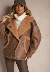 Brązowa Kurtka Typu Biker o Kroju Oversize z Futrzaną Podszewką i Guzikami Nikilina. Brązowe kurtki Renee, m, bez wzorów, z futra, eleganckie, bez kaptura. W wyprzedaży za 195.99 zł.