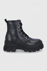Buffalo Workery damskie kolor czarny na platformie. Czarne botki Buffalo, bez wzorów, z gumy, z okrągłym noskiem, bez obcasa, na platformie, bez zapięcia. W wyprzedaży za 349.99 zł.
