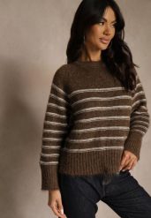 Brązowy Sweter z Dodatkiem Wełny Ozdobiony Paskami Liatella. Brązowe swetry Renee, bez wzorów, z jeansu, casualowe, bez ramiączek. Za 119.99 zł.