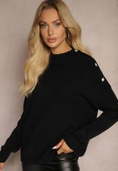 Czarny Golf z Eleganckim Zapięciem na Ramieniu Ozdobiony Cyrkoniami przy Guzikach Maririna. Czarne swetry Renee, bez wzorów, z jeansu, biznesowe, bez ramiączek. W wyprzedaży za 63.99 zł.