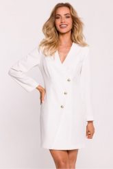 Elegancka sukienka żakietowa z dekoltem V i guzikami ecru. Sukienki MOE, l, bez wzorów, eleganckie, bez kołnierzyka, bez ramiączek. Za 399.00 zł.