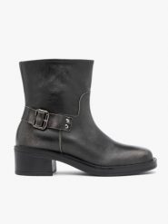 Czarno-szare botki biker boots. Szare botki Ryłko, bez wzorów, ze skóry, klasyczne, bez obcasa, bez zapięcia. Za 579.99 zł.