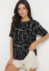 Czarny T-shirt Oversize z Bawełny Zdobiony Nadrukiem Sinelra. Czarne t-shirty Born2be, m, z aplikacjami, z bawełny, eleganckie, bez kołnierzyka, bez ramiączek. W wyprzedaży za 38.24 zł.