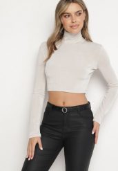 Jasnoszara Krótka Bluzka z Golfem Banirae. Szare bluzki Born2be, l, bez wzorów, z jeansu, biznesowe, bez kołnierzyka, bez ramiączek. W wyprzedaży za 67.99 zł.