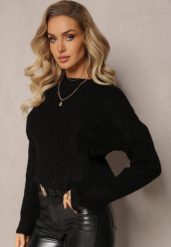 Czarny Sweter w Ozdobny Splot z Kaszmirem Habeni. Czarne swetry Renee, na zimę, l, bez wzorów, z kaszmiru, casualowe, bez ramiączek. W wyprzedaży za 51.99 zł.