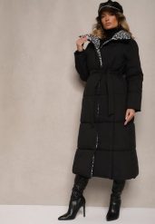 Czarno-Szara Długa Kurtka z Pikowanymi Przeszyciami i Kołnierzem w Panterkę Wiązana w Talii Tilfezi. Czarne kurtki Renee, l, bez wzorów, z jeansu, eleganckie, bez kaptura. W wyprzedaży za 188.99 zł.