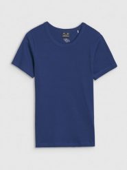4F T-shirt slim z prążkowanej dzianiny damski - granatowy M. Niebieskie t-shirty 4f, m, bez wzorów, z bawełny, klasyczne, bez kołnierzyka, bez ramiączek. W wyprzedaży za 39.99 zł.
