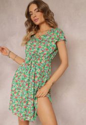 Miętowo-Zielona Kwiecista Sukienka Mini z Wiskozy z Krótkim Rękawem Ayela. Zielone sukienki Renee, l, bez wzorów, z wiskozy, bez kołnierzyka, bez ramiączek, mini. W wyprzedaży za 47.99 zł.