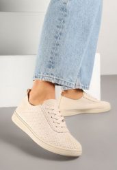 Beżowe Tenisówki z Perforowaną Cholewką Ellivene. Brązowe trampki Renee, bez wzorów, z jeansu, bez zapięcia. W wyprzedaży za 55.99 zł.